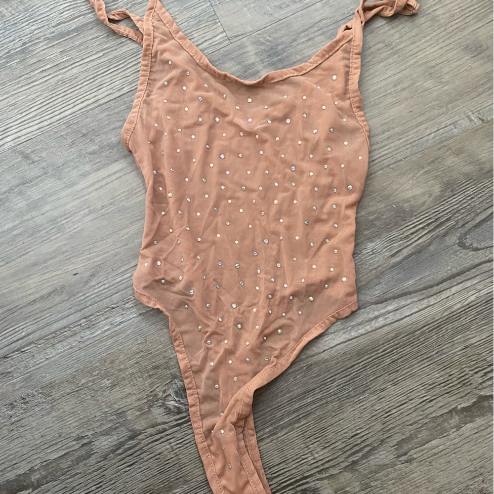 Fashion nova beige rhinestone body suit